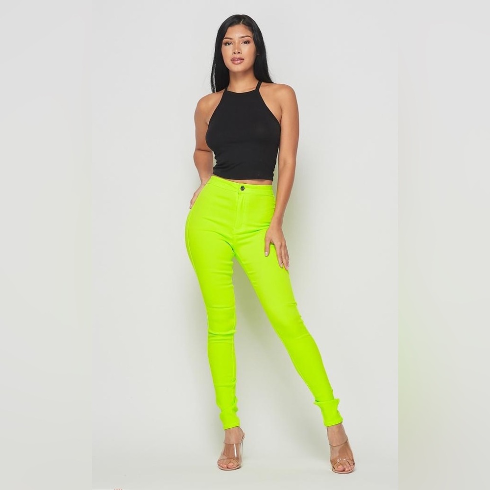 Super High Waisted Stretchy Skinny Jeans - Neon Green